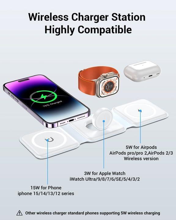 Wireless Charger, Magnetic Foldable 3 in 1 Mag-Safe Charger